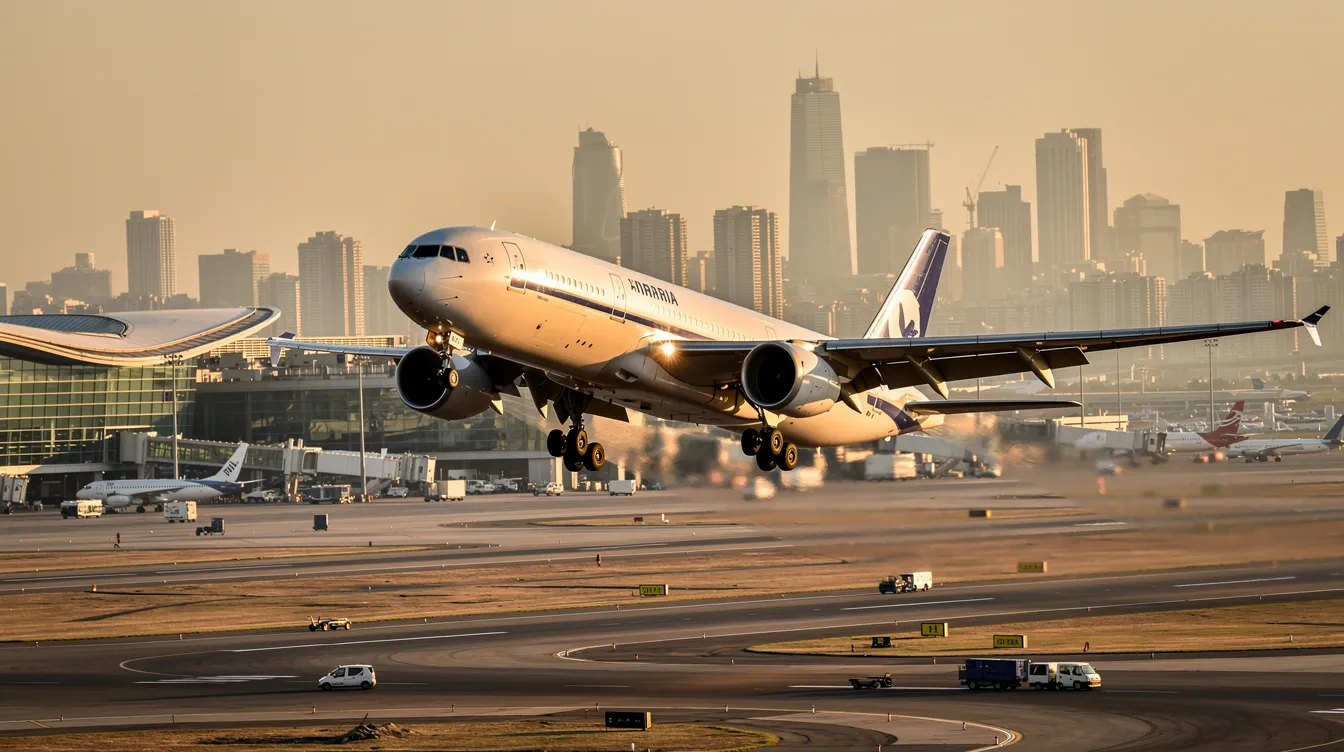 A large commercial widebody aircraft, representing major airlines in the aviation industry, is approaching landing at a busy international airport with a vibrant city skyline in the background. The scene captures the essence of air travel, highlighting the bustling airport operations and the connectivity provided by scheduled flights to international destinations.