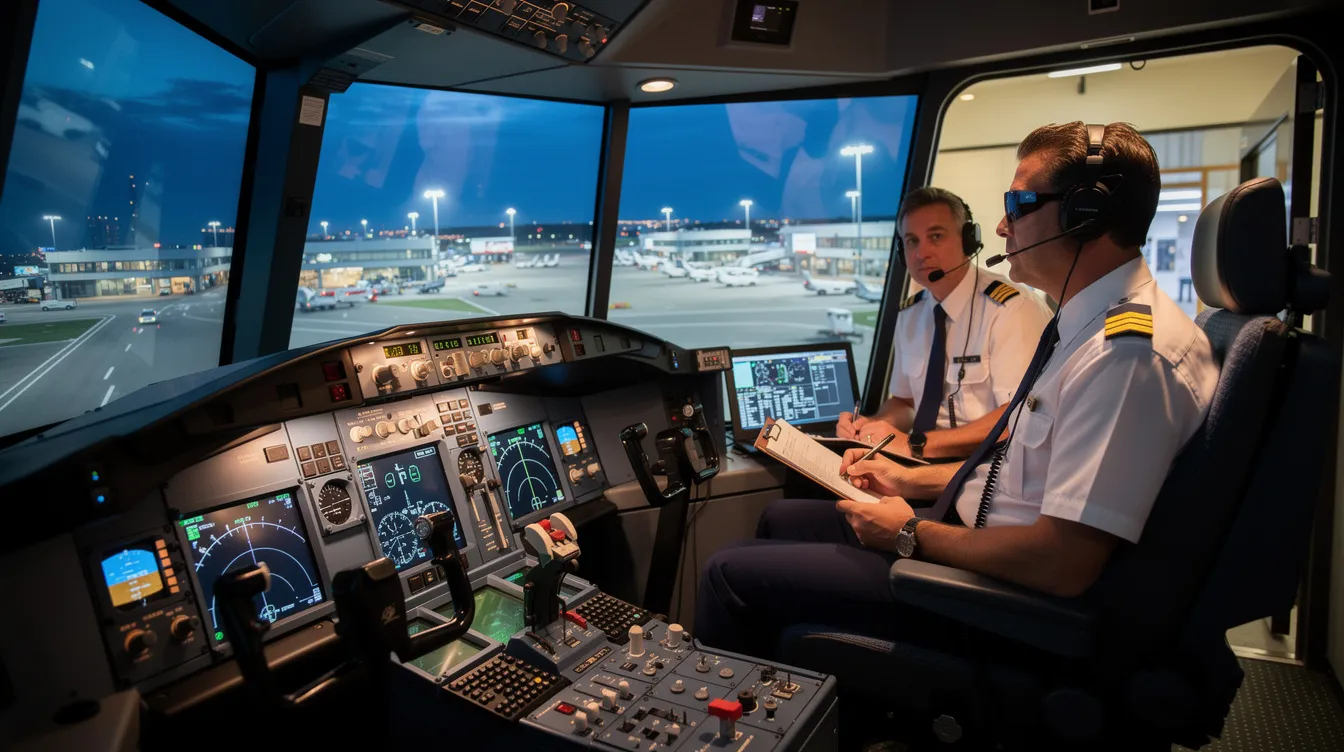 The image depicts a pilot engaged in a flight simulator during a recurrent training session, with an instructor closely observing the process. This training environment is essential for ensuring pilots possess the skills needed to operate aircraft safely and effectively in various weather conditions.