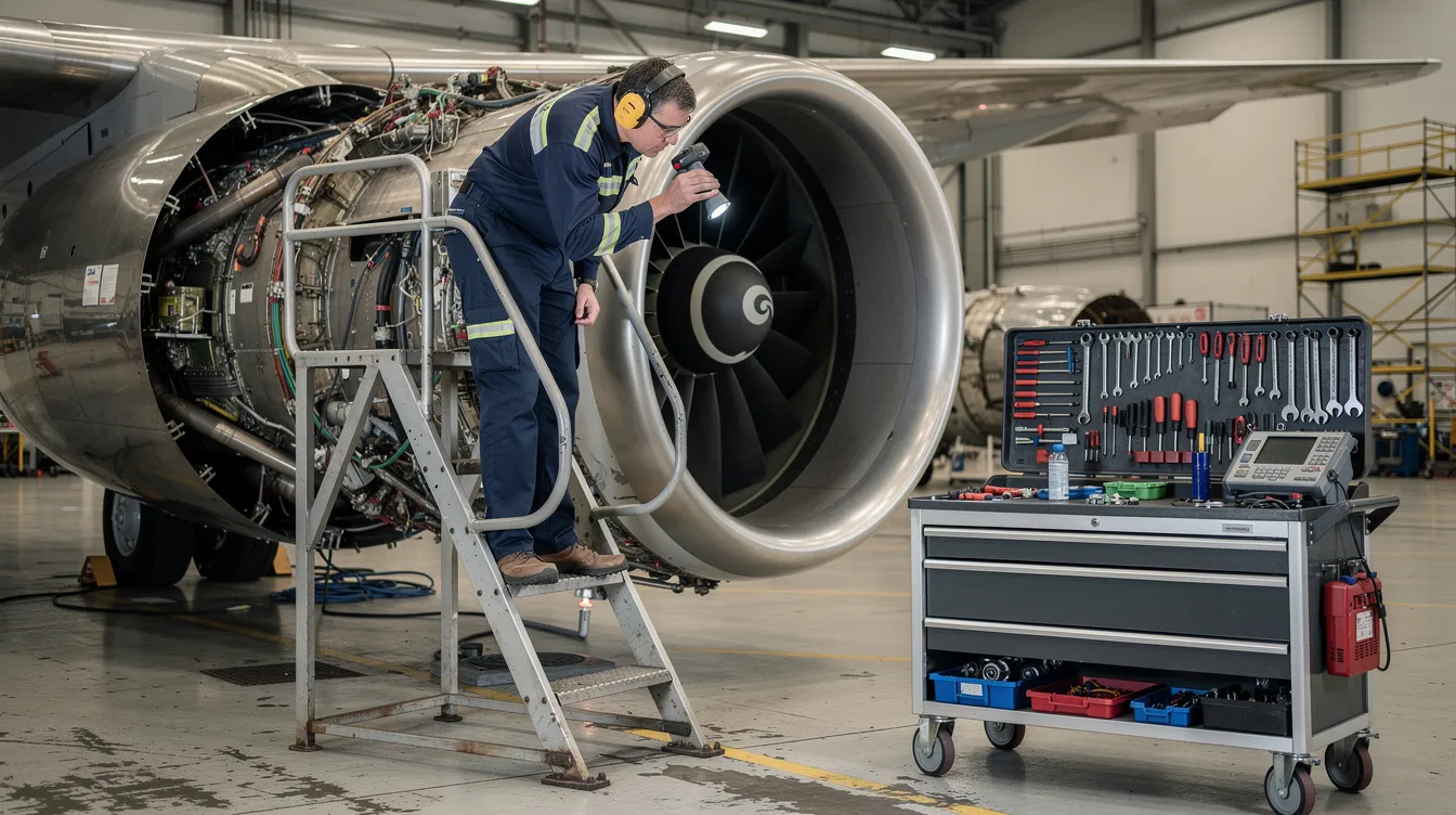 An aviation mechanic is diligently inspecting a jet engine in a well-lit hangar, surrounded by neatly arranged tools. This work environment highlights the essential functions and responsibilities of maintaining aircraft, ensuring safety for pilots and passengers alike.