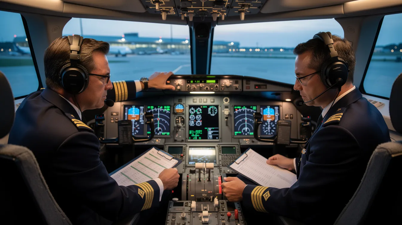 In a modern business jet cockpit, two pilots are intently reviewing flight instruments before departure, ensuring all essential functions are ready for a safe flight. The atmosphere reflects a professional work environment, where responsibilities include monitoring mechanical parts and preparing for various weather conditions.