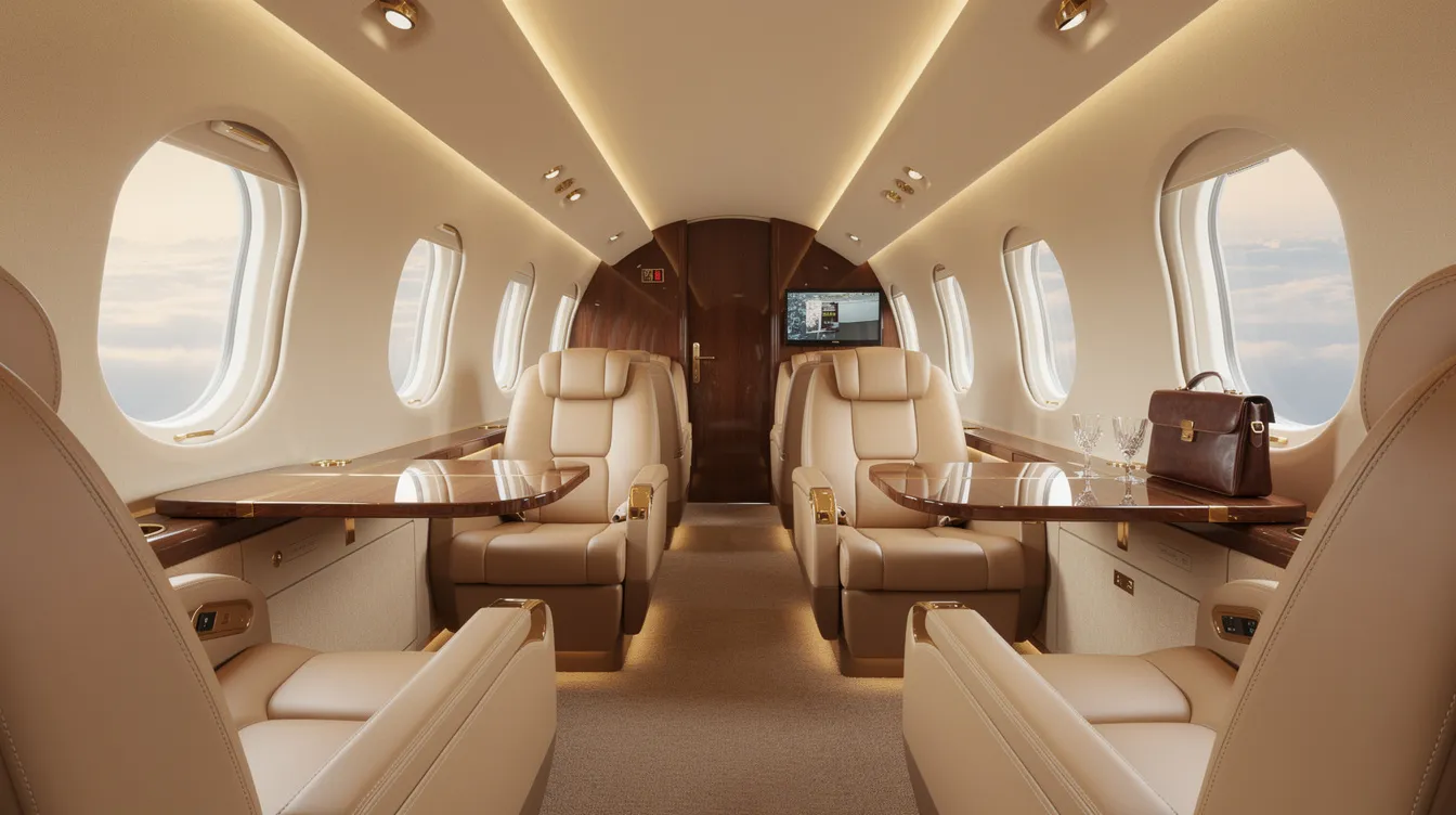 The image depicts the interior of a luxurious private jet cabin, featuring plush leather seats and soft ambient lighting that creates an inviting atmosphere for personal use or business travel. Owning an aircraft like this offers the freedom and convenience of flying frequently, while also reflecting the high value and comfort associated with plane ownership.