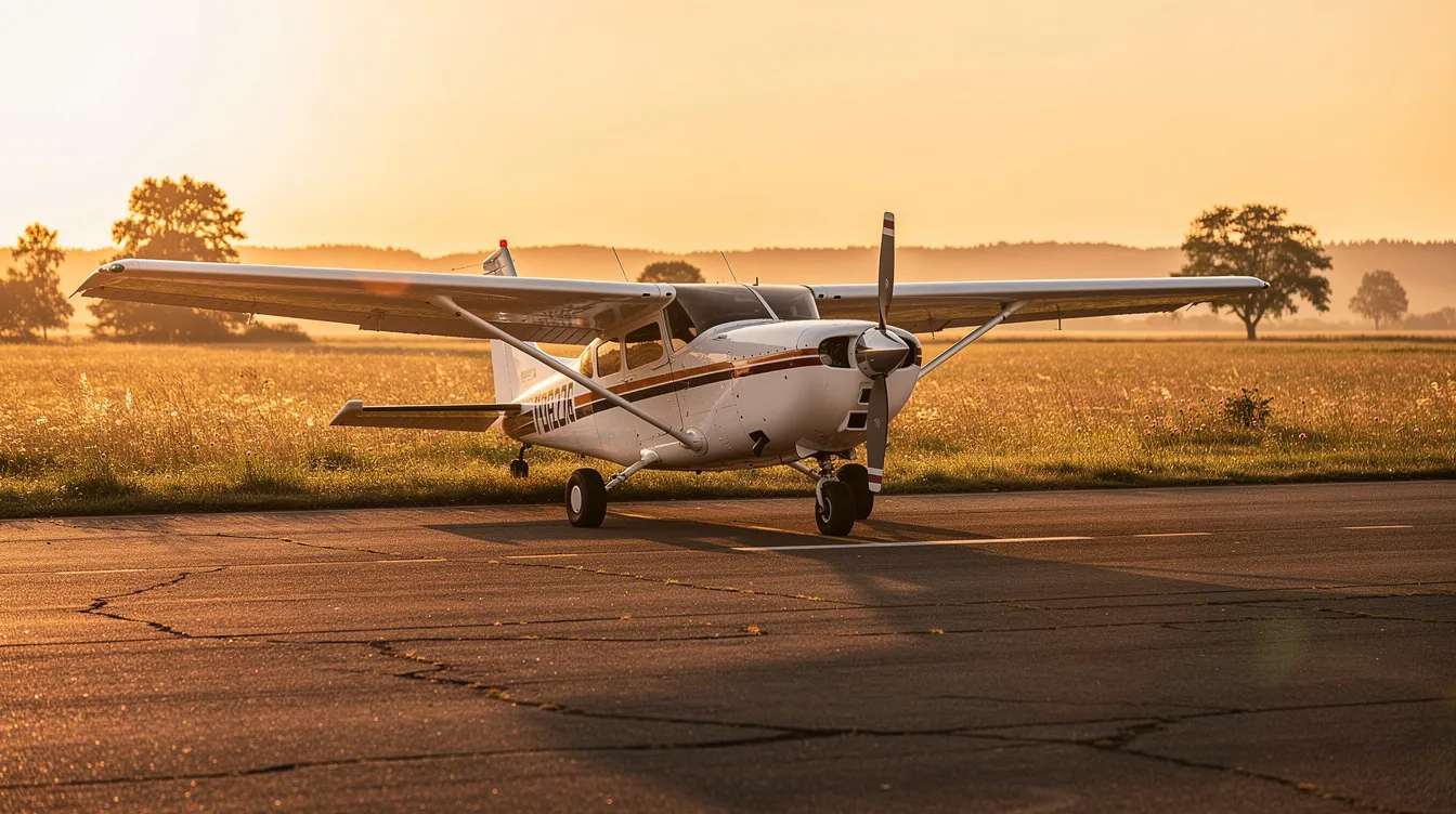 A small single-engine propeller airplane is parked on a serene rural airstrip during golden hour, showcasing the beauty of owning an aircraft for personal use. The warm light highlights the plane's sleek design, evoking a sense of freedom and the joy of flying.
