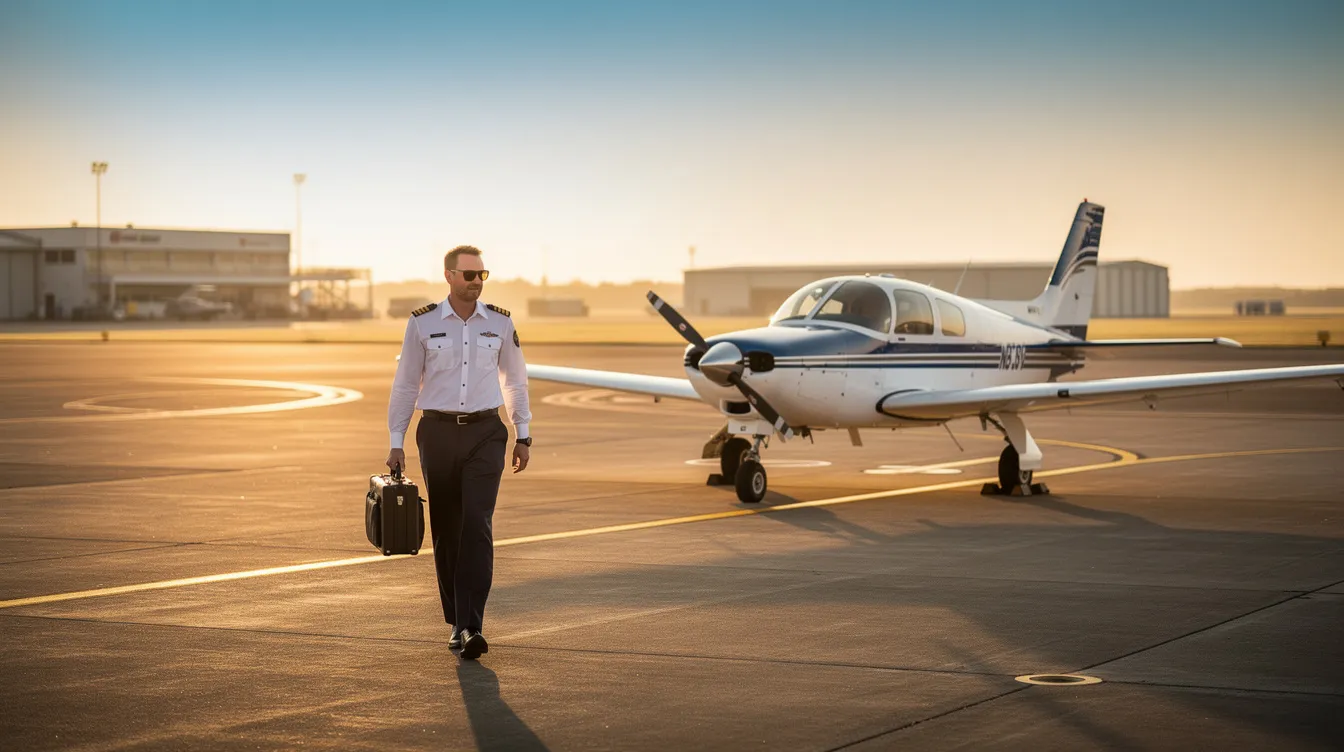 A pilot walks confidently across the tarmac towards a light aircraft at a regional airport on a clear morning, embodying the freedom and excitement of owning a plane. The scene captures the essence of personal use and the joy of flying, highlighting the convenience and benefits of aircraft ownership.