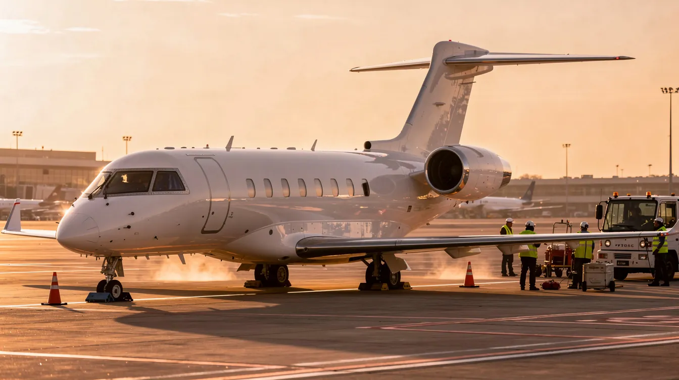 A sleek business jet is parked on a tarmac bathed in the warm glow of golden hour, with ground crew members in safety gear attending to the aircraft in the background. This scene highlights the importance of experienced mechanics and proper aircraft maintenance in ensuring flight safety and reliability.