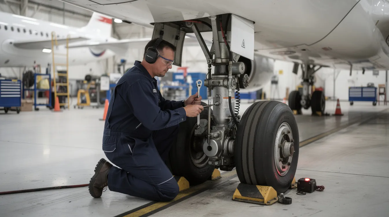 An aircraft mechanic in coveralls is diligently working on landing gear components inside a well-lit maintenance hangar, surrounded by tools and equipment essential for aircraft maintenance. This scene highlights the importance of experienced mechanics in ensuring the reliability and safety of aircraft systems.