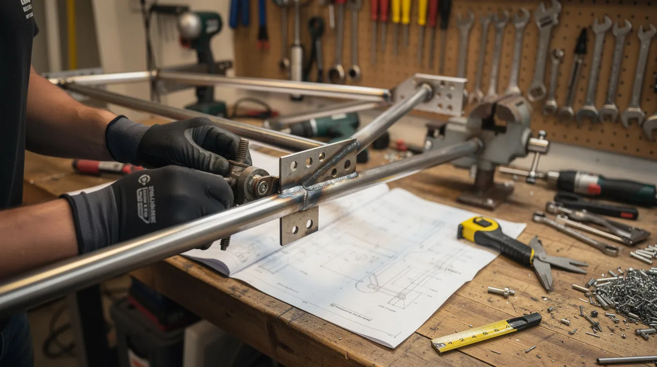 A close-up view of a tubular steel frame for an ultralight aircraft being assembled in a home workshop, with various tools scattered on a workbench. This scene captures the essence of building a light sport aircraft, emphasizing the hands-on aspect of aviation for enthusiasts looking to create their own aircraft.