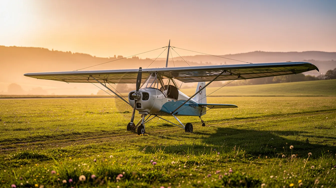 A small ultralight aircraft is parked on a lush green grass airstrip during golden hour, with rolling hills providing a picturesque backdrop. This light sport aircraft represents an affordable option for recreational flying, appealing to many aviation enthusiasts.