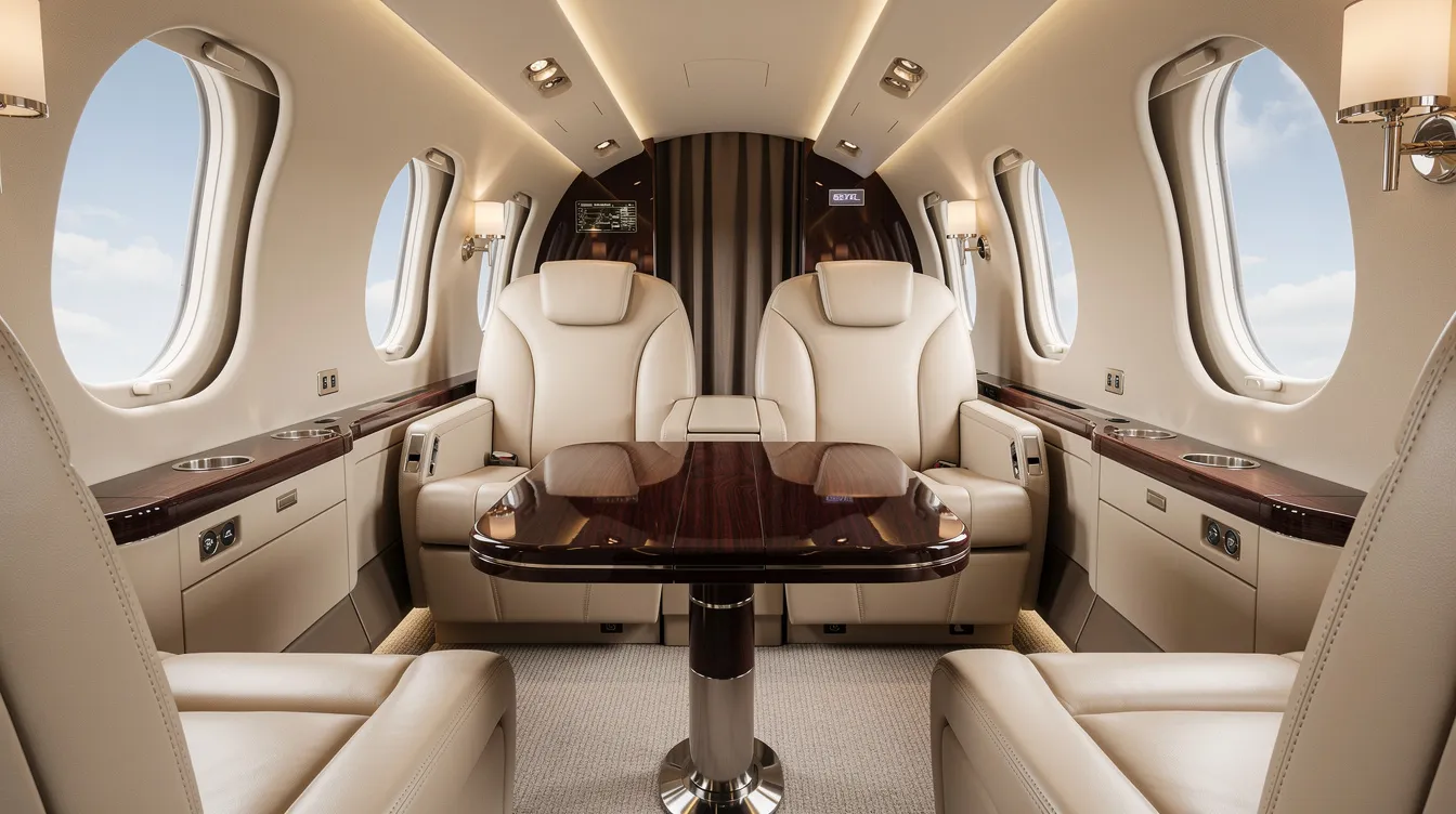 The image showcases a luxurious private jet interior featuring cream leather seats arranged around a polished wood table, providing an elegant and comfortable travel experience for passengers. This opulent setting contrasts sharply with budget airlines, highlighting the exclusive amenities available on private flights.