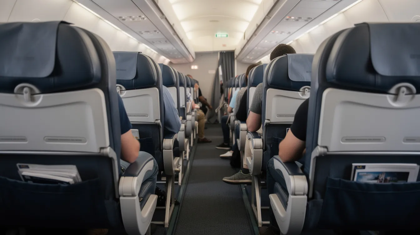 The image shows a row of tightly packed economy seats on a low-cost airline, viewed from the aisle, highlighting the narrow legroom that passengers experience. This setup reflects the budget travel experience often associated with affordable fares and budget carriers, emphasizing the compact seating arrangement typical of cheap airfare options.