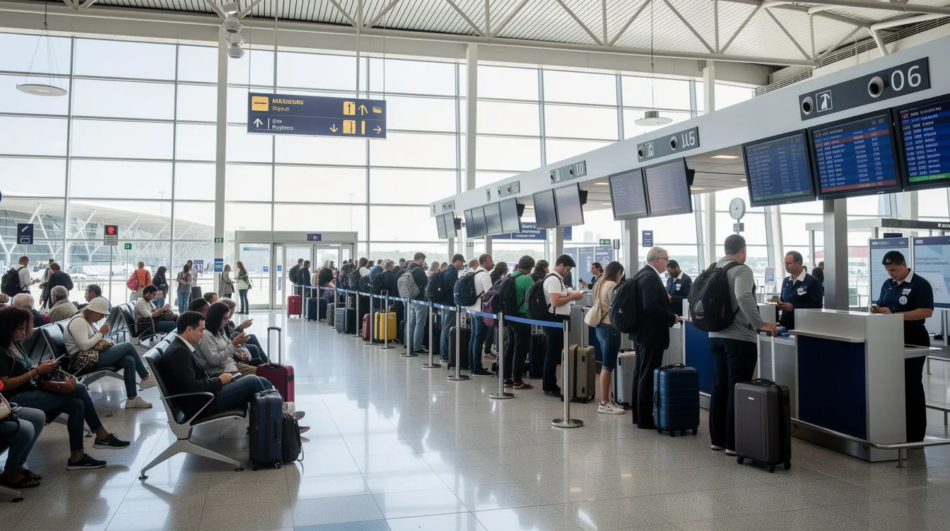 The image shows a bustling airport departure terminal filled with travelers waiting in long queues near various boarding gates, highlighting the busy atmosphere often associated with budget airlines and affordable fares. Passengers are seen managing their luggage and checking flight information as they prepare for their upcoming journeys.
