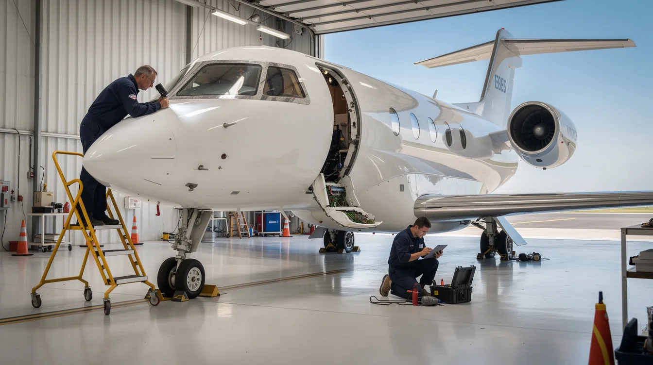 A sleek private jet is being meticulously maintained, showcasing its shiny exterior and modern design, with technicians working diligently on the aircraft. This image captures the essence of luxury travel, perfect for travelers planning their next trip or searching for travel deals.