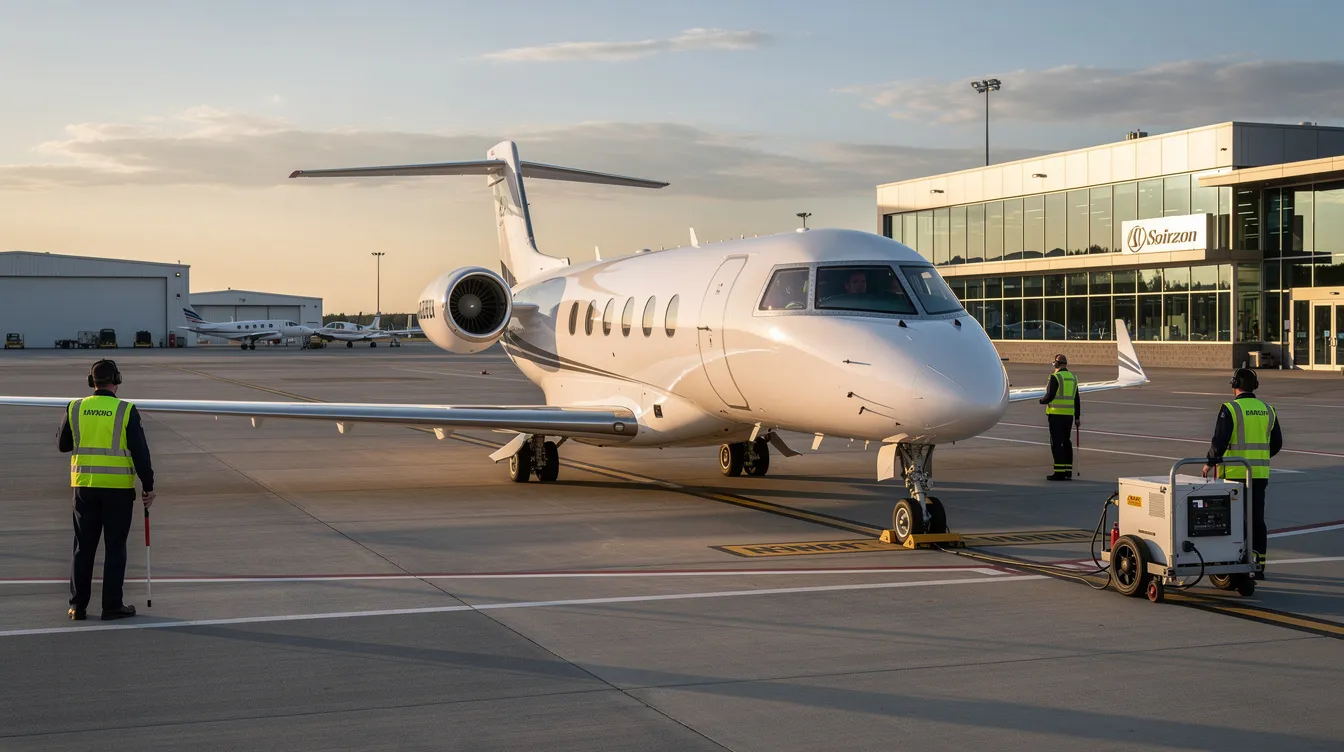 A modern private jet is parked on a clean FBO tarmac, with ground crew members nearby preparing for departure. The aircraft showcases sleek design and advanced avionics, symbolizing luxury and performance in aviation.