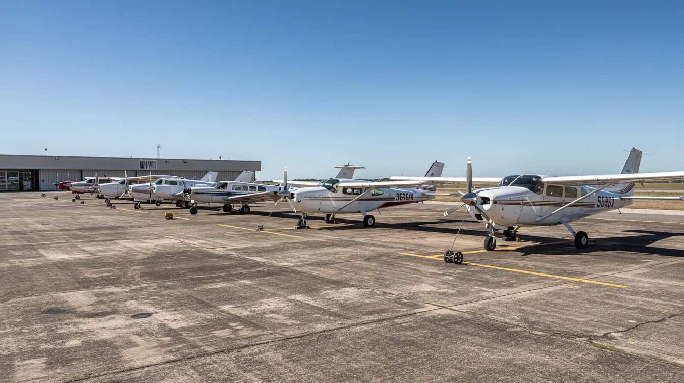 A row of small single-engine aircraft, including models like Cessna and Aeronca Champion, are secured with tie-down ropes on an open airport ramp, showcasing their classic appeal under clear blue skies. These affordable airplanes offer excellent value for personal flying and are a great option for aspiring pilots looking for a reliable first trainer.