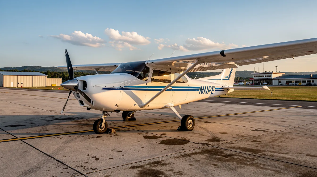A small high-wing Cessna trainer aircraft is parked on a concrete ramp at a regional airport, showcasing its classic appeal and simple design. This affordable airplane is an excellent trainer for pilots, offering solid performance and low maintenance costs, making it a great option for those interested in personal flying or joining a flying club.