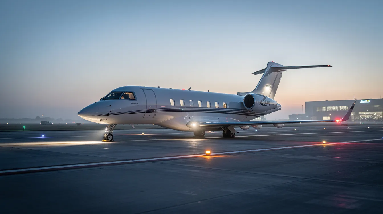 A sleek private jet is taxiing on a modern tarmac at dusk, with the glow of runway lights illuminating its polished exterior. This image captures the essence of personal flying, showcasing an aircraft that exemplifies solid performance and excellent value for those interested in affordable airplanes.