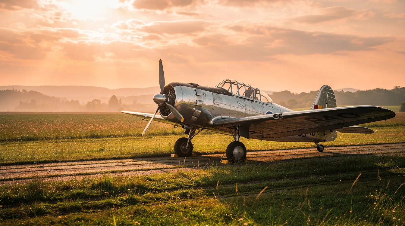 A vintage single-engine propeller airplane, resembling a Cessna 172, is parked on a rural grass airstrip during the golden hour, casting a warm glow on its polished surface. This affordable aircraft, with four seats, represents a reliable option for pilots looking to fly without breaking the budget.