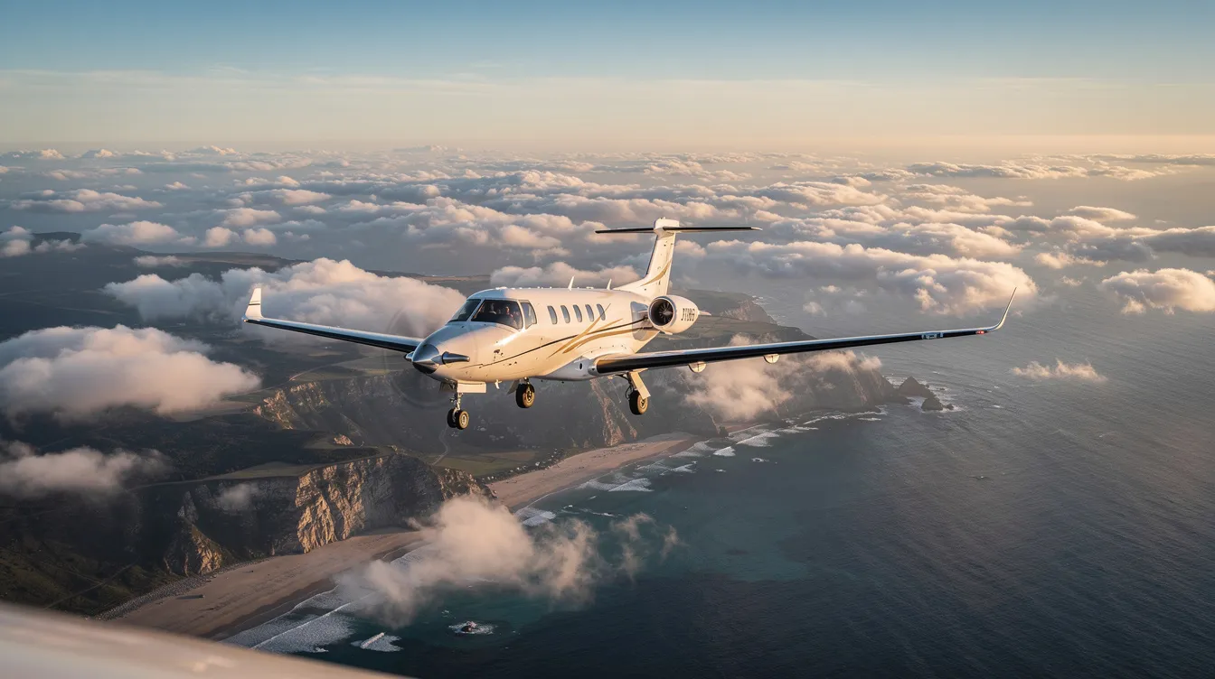 A small single-engine jet, resembling a compact light jet, soars above scattered clouds with a picturesque coastline visible below. This aircraft, ideal for business aviation and capable of accommodating four passengers, exemplifies the efficiency and elegance of the aviation industry.