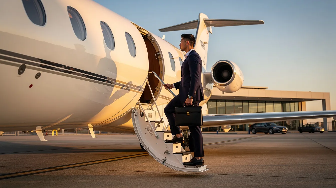 A business professional is stepping onto a compact light jet at a private terminal, ready for a flight to attend important business meetings. The sleek private jet, designed for efficiency and comfort, accommodates four passengers and showcases the growing trend in the aviation industry towards very light jets.