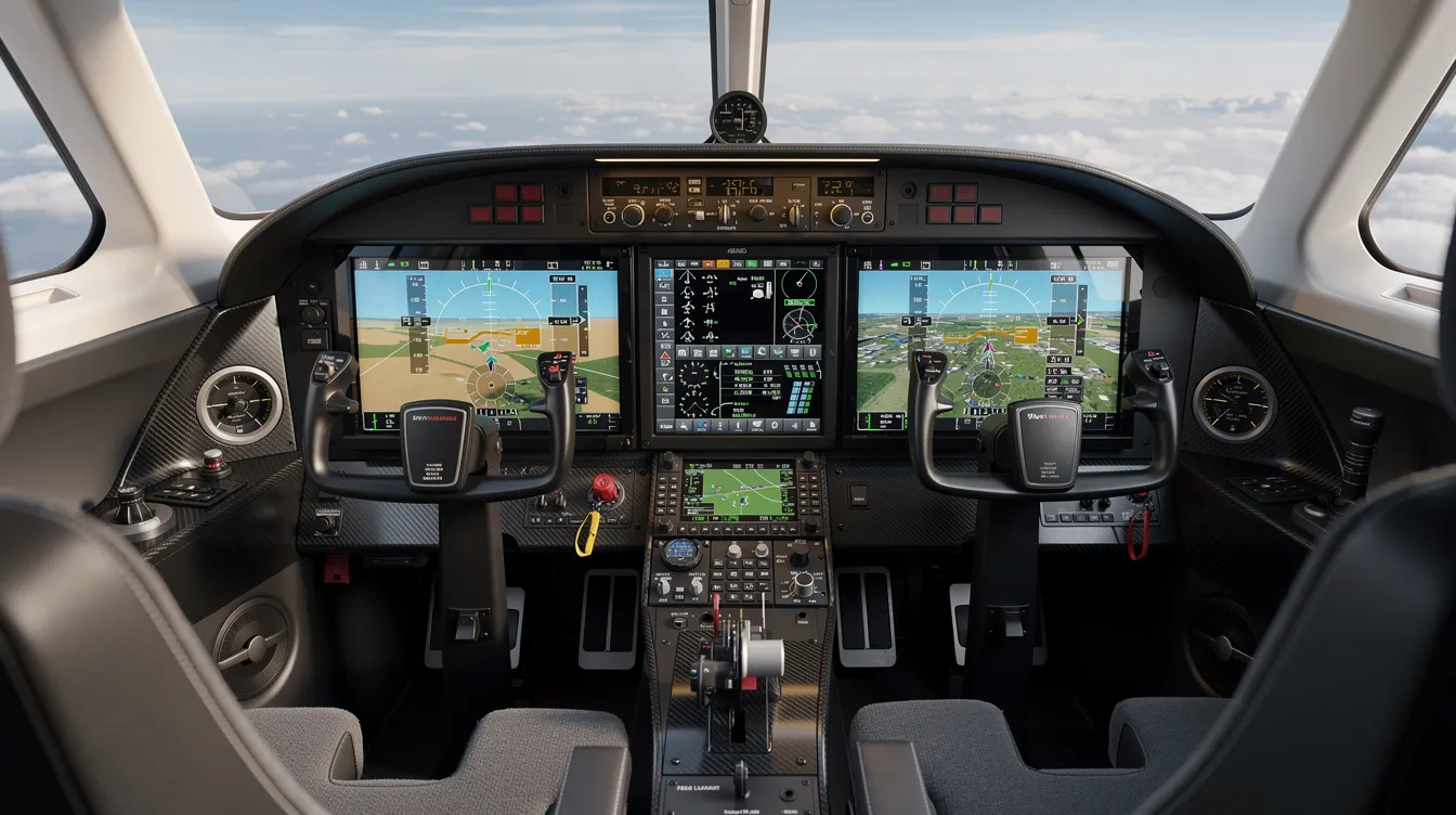 The image depicts a modern glass cockpit inside a compact light jet, showcasing advanced digital avionics displays that enhance the single pilot operation experience. This sophisticated cockpit design is essential for aircraft owners in the business aviation sector, providing a high level of efficiency and control during flights.