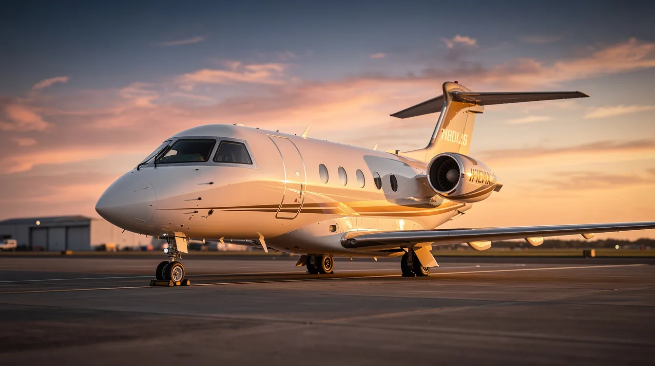 A sleek private jet is parked on the tarmac, illuminated by the warm golden light of sunset reflecting off its fuselage. The scene captures the elegance of aviation, showcasing the jet's streamlined design against the vibrant sky.