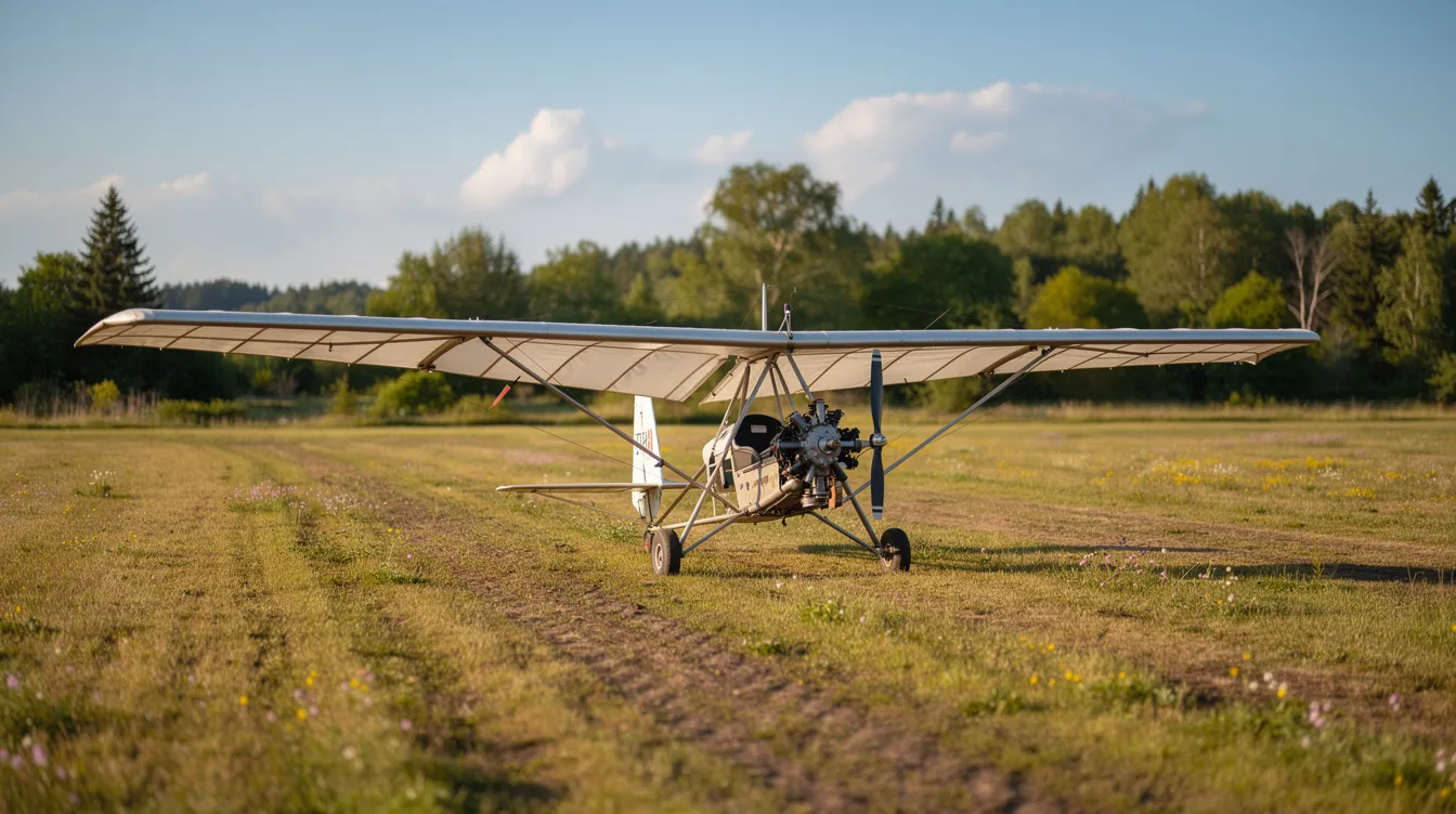 A small ultralight aircraft is parked on a rural grass airstrip, surrounded by trees in the background, showcasing the simplicity and accessibility of ultralight aviation. This single-seat plane represents the freedom and adventure that ultralight pilots enjoy in the open sky.