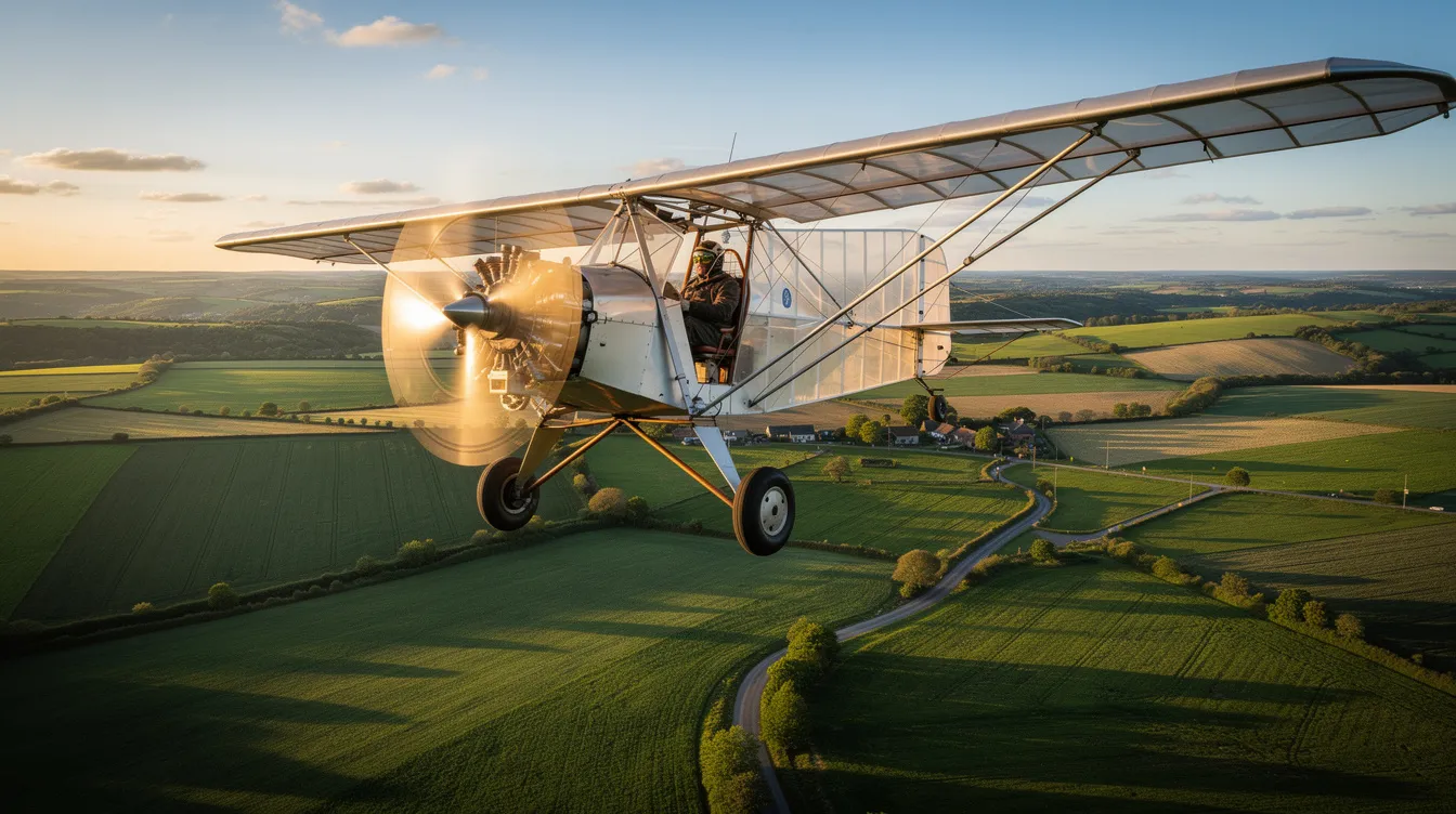 An ultralight aircraft is depicted soaring through the clear blue sky, showcasing its lightweight design and simplicity. This image captures the spirit of ultralight flying and the freedom it offers to adventure-seeking pilots.