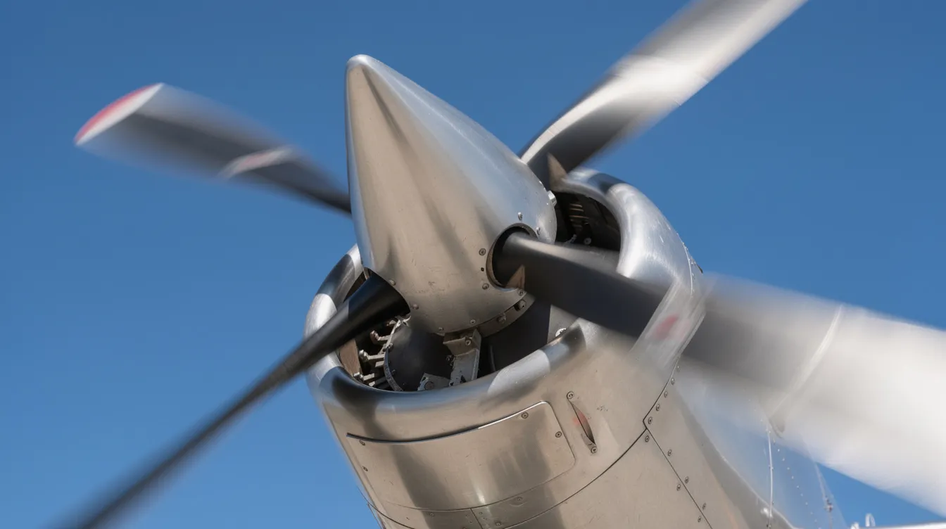 A close-up photograph captures a modern aircraft propeller spinning rapidly against a clear blue sky, showcasing the intricate design of the propeller blades and their rotary motion. This image highlights the efficiency of propeller-driven aircraft, particularly turboprop engines, as they operate at lower altitudes and deliver thrust for takeoff and flight.