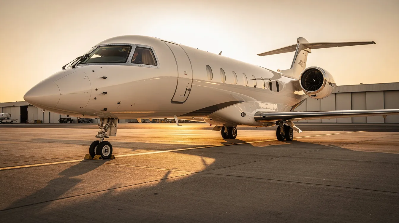 The image features a sleek private jet parked on a runway, showcasing its modern design and polished exterior, ideal for aircraft sales. This small plane represents a unique opportunity for buyers looking to purchase a high-performance aircraft with excellent maintenance history and compliance details.