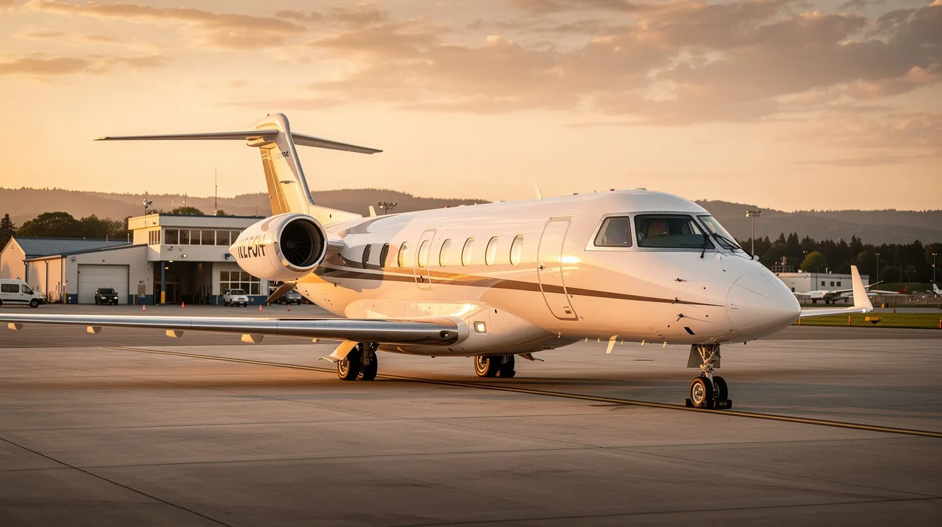 A sleek private jet is parked on a tarmac during golden hour, with the warm glow of the setting sun illuminating its polished surface. In the background, a small airfield is visible, highlighting the aviation environment where sport pilots may train and operate various light sport aircraft.