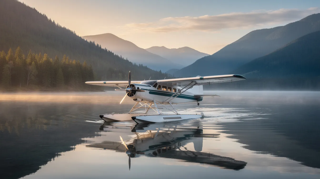 An amphibious seaplane is peacefully resting on calm water, with lush forested mountains rising in the background, showcasing the beauty of aviation and the versatility of light sport aircraft designed for both land and water operations. The scene captures the essence of flight training and the joy of piloting in a serene environment.