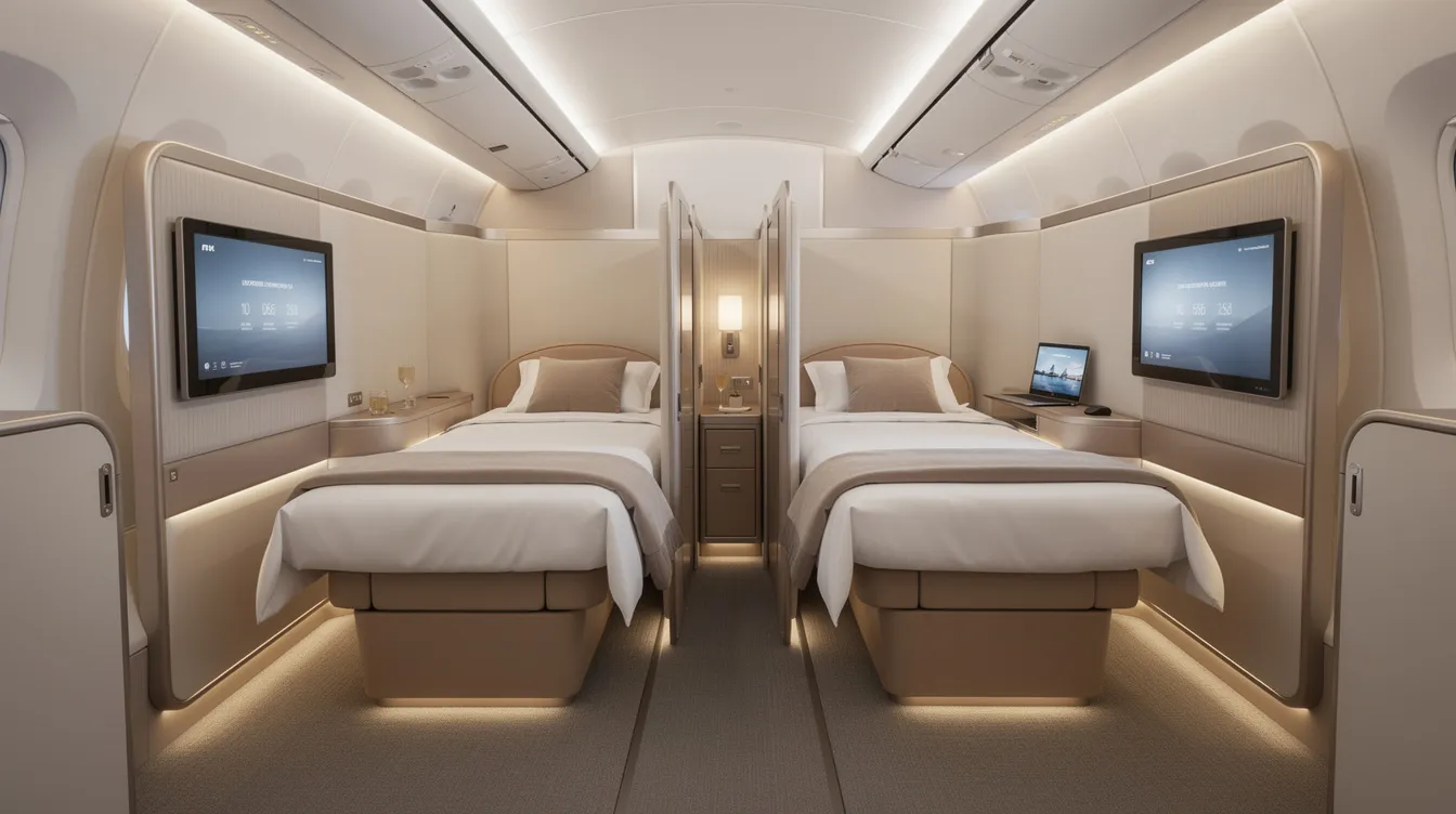 The image depicts luxurious fully-flat first class suites designed for ultimate comfort, featuring lie flat seats that convert into separate beds. This first class cabin offers an exclusive experience for first class passengers with ample personal space, sliding doors for privacy, and premium amenities such as full meal service and an inflight entertainment system.