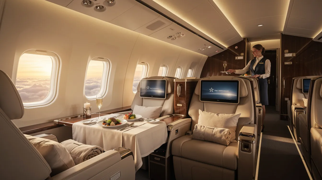 The image showcases a luxurious first class cabin featuring lie flat seats and spacious personal space for first class passengers. It highlights the best first class service, including full meal service and an inflight entertainment system, providing an exceptional flying experience.
