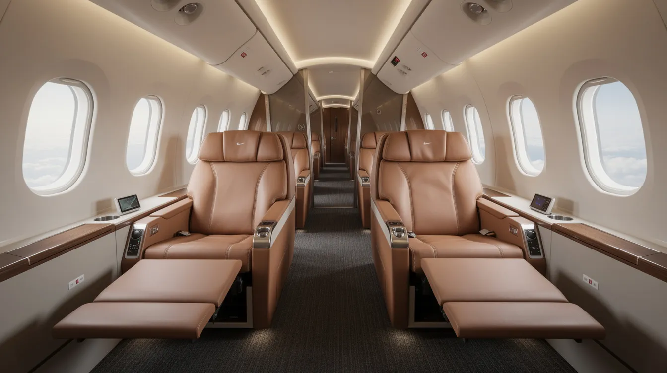 The image depicts the interior of a commercial airplane's first class cabin, featuring luxurious leather recliner seats arranged in a two-by-two configuration. The setting emphasizes comfort and space, ideal for travelers enjoying services like pre-departure beverages and access to exclusive lounges, such as the Admirals Club, while flying on American Airlines.