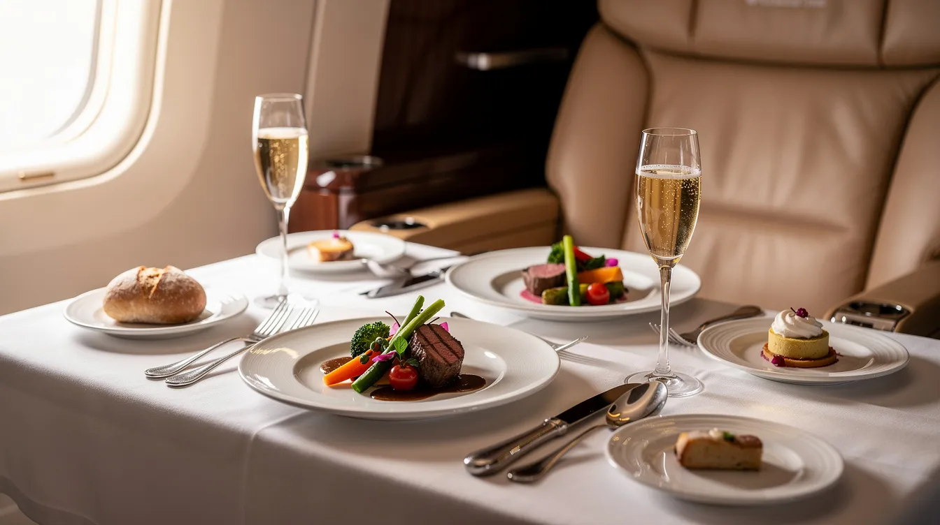 An elegant multi-course meal is beautifully plated on a white tablecloth inside a premium airplane cabin, showcasing the luxurious dining experience of flying first class on American Airlines. The meal is accompanied by refreshing orange juice, highlighting the exceptional service and comfort of domestic first class travel.