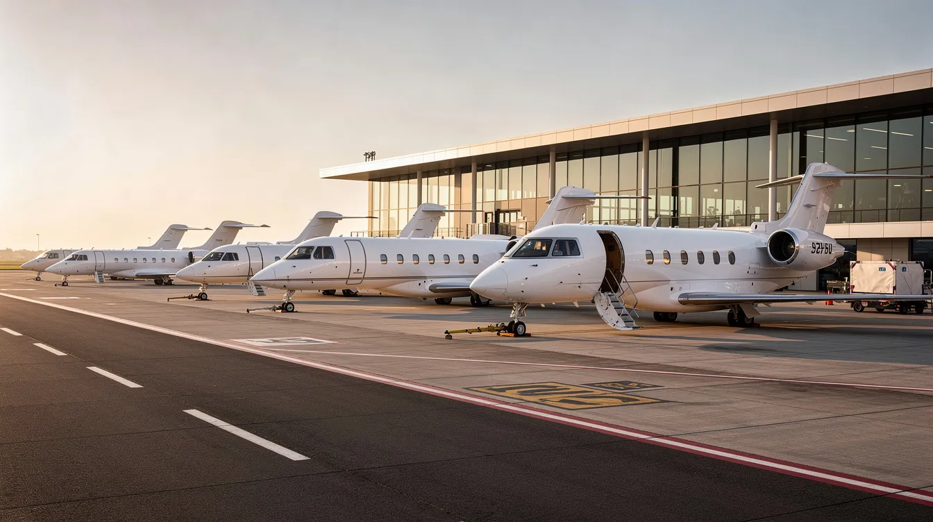 The image depicts multiple private jets of various sizes parked in a row at a modern aviation terminal, showcasing the diverse netjets fleet available for fractional ownership in private aviation. The scene highlights the luxury and efficiency of executive jet aviation, emphasizing the convenience of shared aircraft ownership programs.