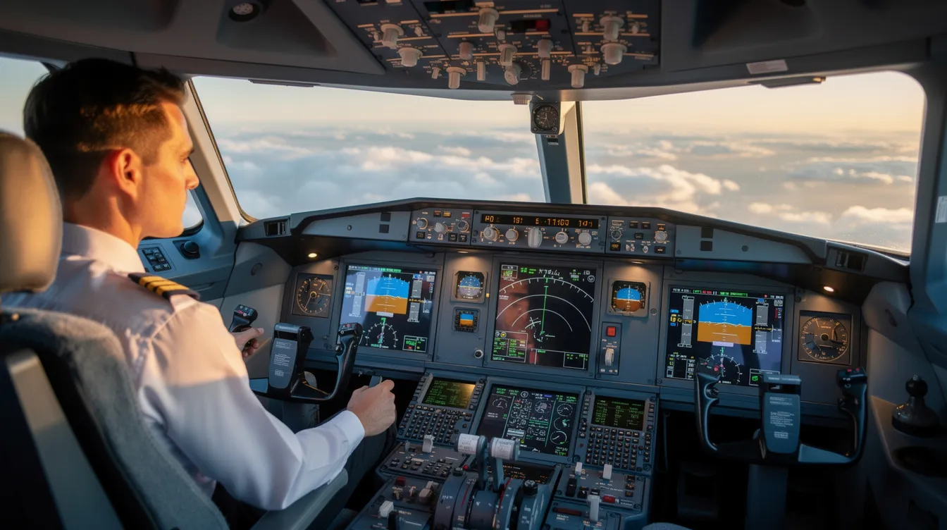 A pilot is seated in a modern cockpit, surrounded by advanced digital avionics displays that provide critical flight information. This high-tech environment is essential for private aviation, particularly for operators like NetJets, which offers fractional ownership of executive jets.