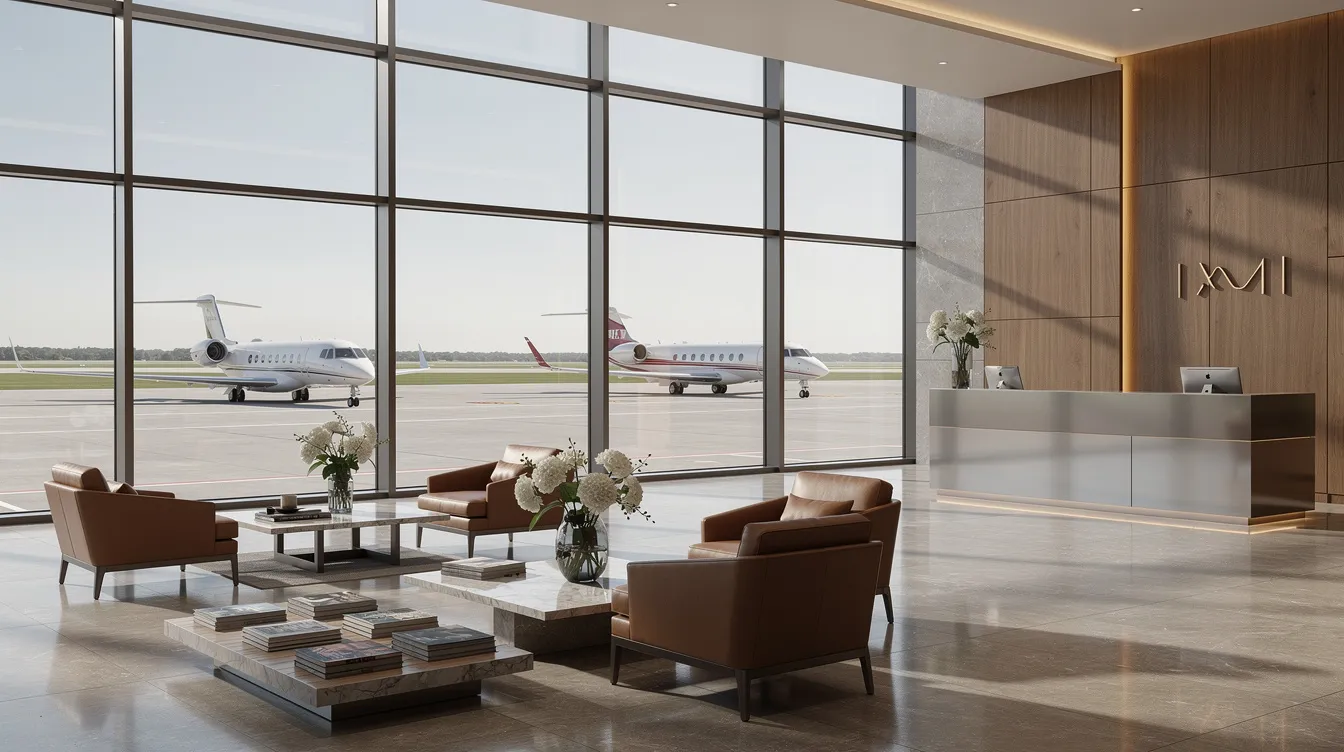 The image depicts a luxurious private aviation terminal featuring expansive floor-to-ceiling windows that provide a stunning view of the runway, emphasizing the elegance of executive jet aviation. This terminal represents the high standards of service and operational excellence associated with the NetJets brand, a leader in fractional ownership and private jet services.