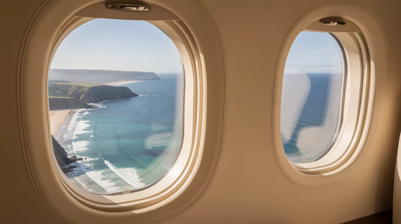 A close-up view of a private jet cabin window reveals a stunning aerial perspective of a coastline and ocean below, highlighting the luxury and convenience of private air travel. This image captures the essence of fractional ownership programs and the benefits of flying in large cabin jets, showcasing the beautiful scenery that awaits travelers on their journeys.