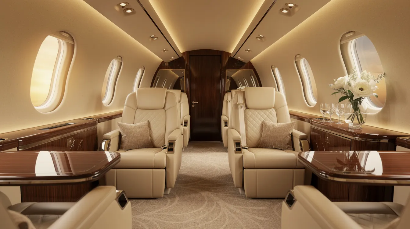 The image depicts the interior of a luxurious private jet cabin featuring cream leather seats and warm ambient lighting, providing an inviting atmosphere for travelers. This spacious environment is designed for comfort, reflecting the benefits of fractional ownership programs and high-end flight experiences.