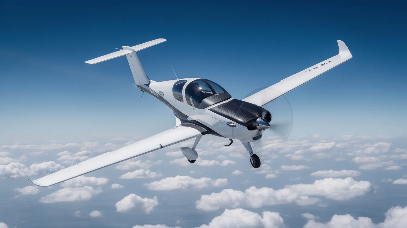 A sleek, modern high-performance composite sport aircraft is gracefully banking in flight against a vivid blue sky, with scattered white clouds below, showcasing its refined design and efficient aerodynamics. This light sport aircraft, designed by an experienced Brazilian aircraft designer, exemplifies the capabilities sought by sport pilots and those pursuing their sport pilot certificate.