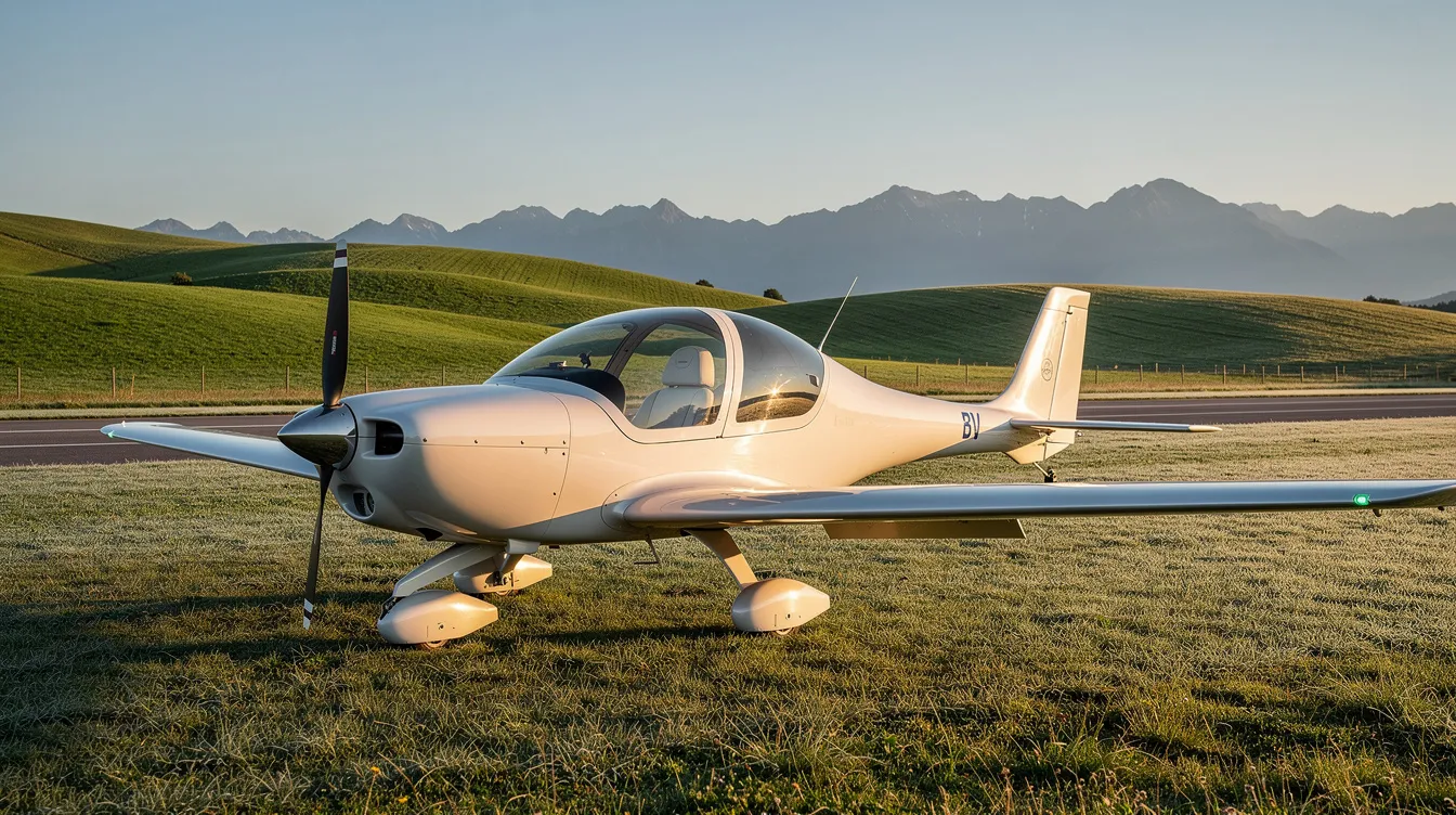 A sleek two-seat light sport aircraft is parked on a scenic grass airstrip, surrounded by rolling green hills and distant mountains under a clear morning sky. This refined aircraft, designed by an experienced Brazilian aircraft designer, showcases a modern composite exterior and is ideal for sport pilots seeking flight training and recreational flying.
