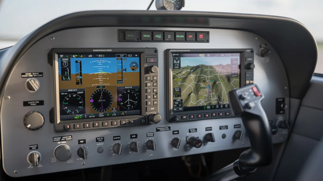 The image shows a close-up view of a modern glass cockpit panel inside a light sport aircraft, featuring digital flight displays and a control stick, highlighting the advanced technology used in flight training for sport pilots. The sleek design and sophisticated instrumentation reflect the evolution of recreational aircraft, appealing to both experienced pilots and those seeking their sport pilot certificate.