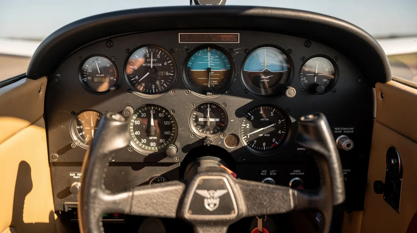 The image shows a close-up view of a small aircraft cockpit instrument panel, featuring analog gauges and a yoke, which are essential for pilots in operating smaller aircraft. Proper understanding of these instruments is crucial for preventing small plane crashes, often associated with pilot error and mechanical failures.
