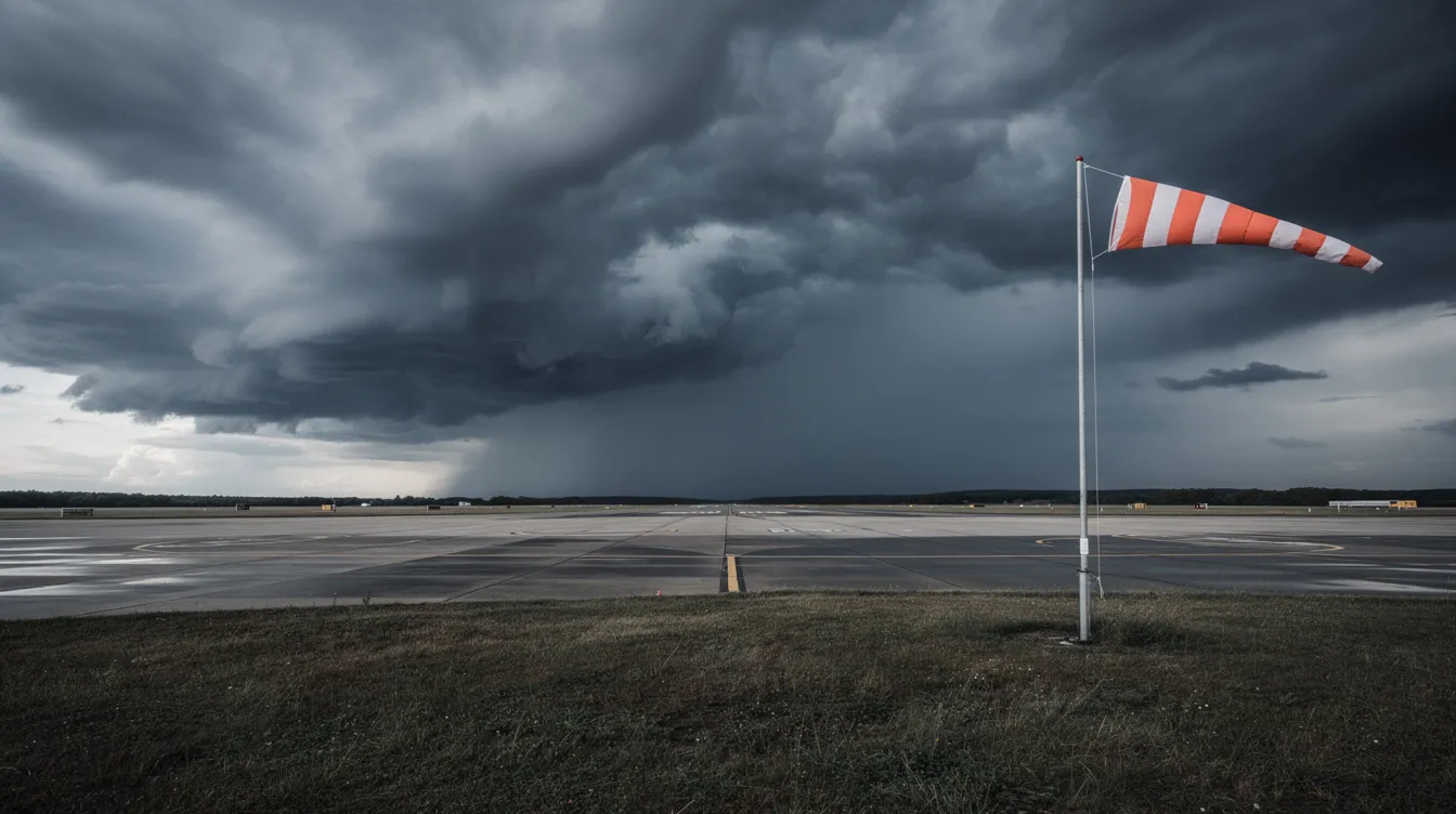 The image depicts dark storm clouds ominously gathering over a flat airfield, where a windsock is blowing vigorously, indicating strong winds. This scene highlights the potential dangers of flying small aircraft during poor weather conditions, which can lead to small plane accidents and other aviation accidents.