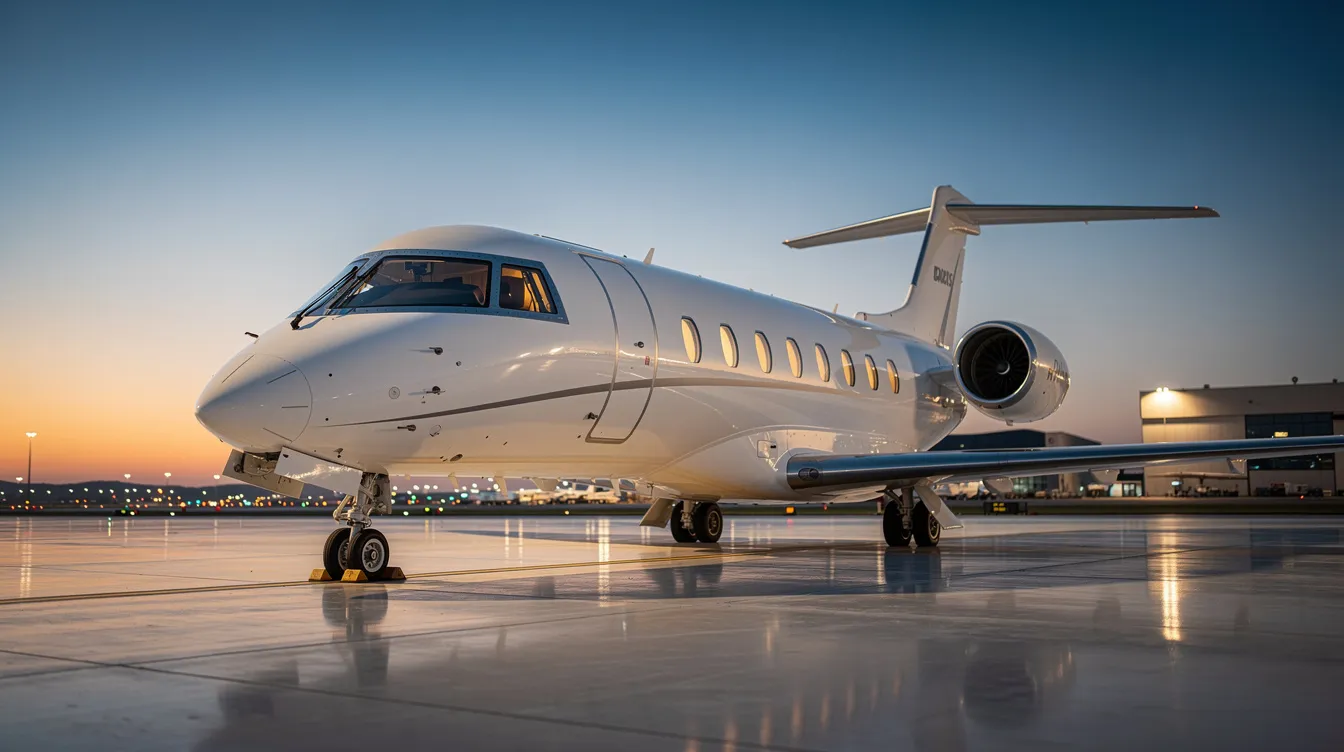 A sleek modern business jet is parked on a well-lit airport tarmac at twilight, showcasing its polished exterior against the dusky sky. This private aircraft, designed for business flying, highlights the sophistication and luxury of smaller private planes in aviation.