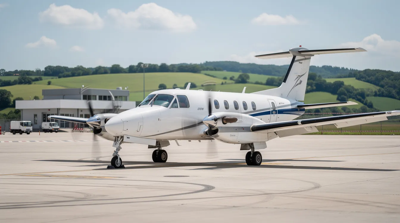 A modern single-engine turboprop airplane is parked on the tarmac of a small regional airport, with lush green hills in the background. This light aircraft, ideal for aviation enthusiasts and personal use, showcases the advancements in small aircraft design and efficiency.