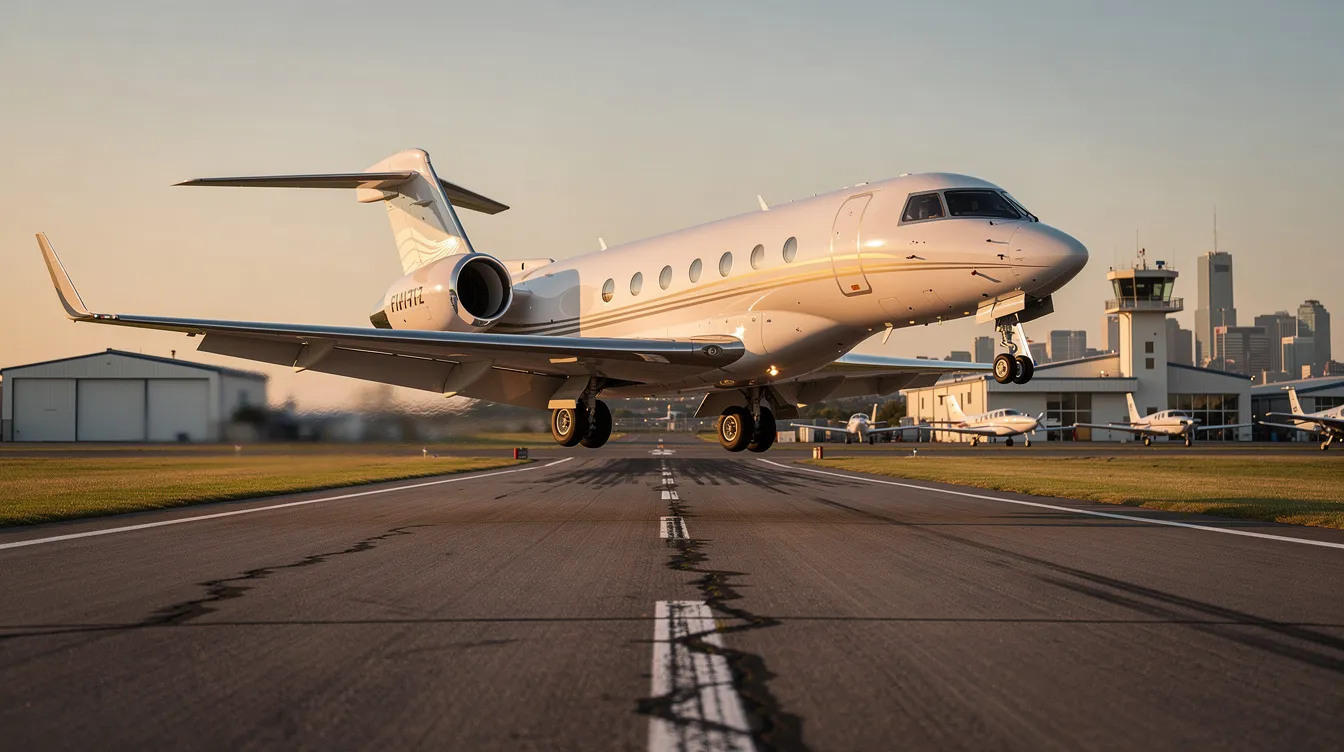 A sleek light business jet is taking off from a small regional airport, with the city skyline visible in the distance. This scene captures the essence of personal aircraft aviation, showcasing the impressive capabilities of modern jets as they soar into the sky.