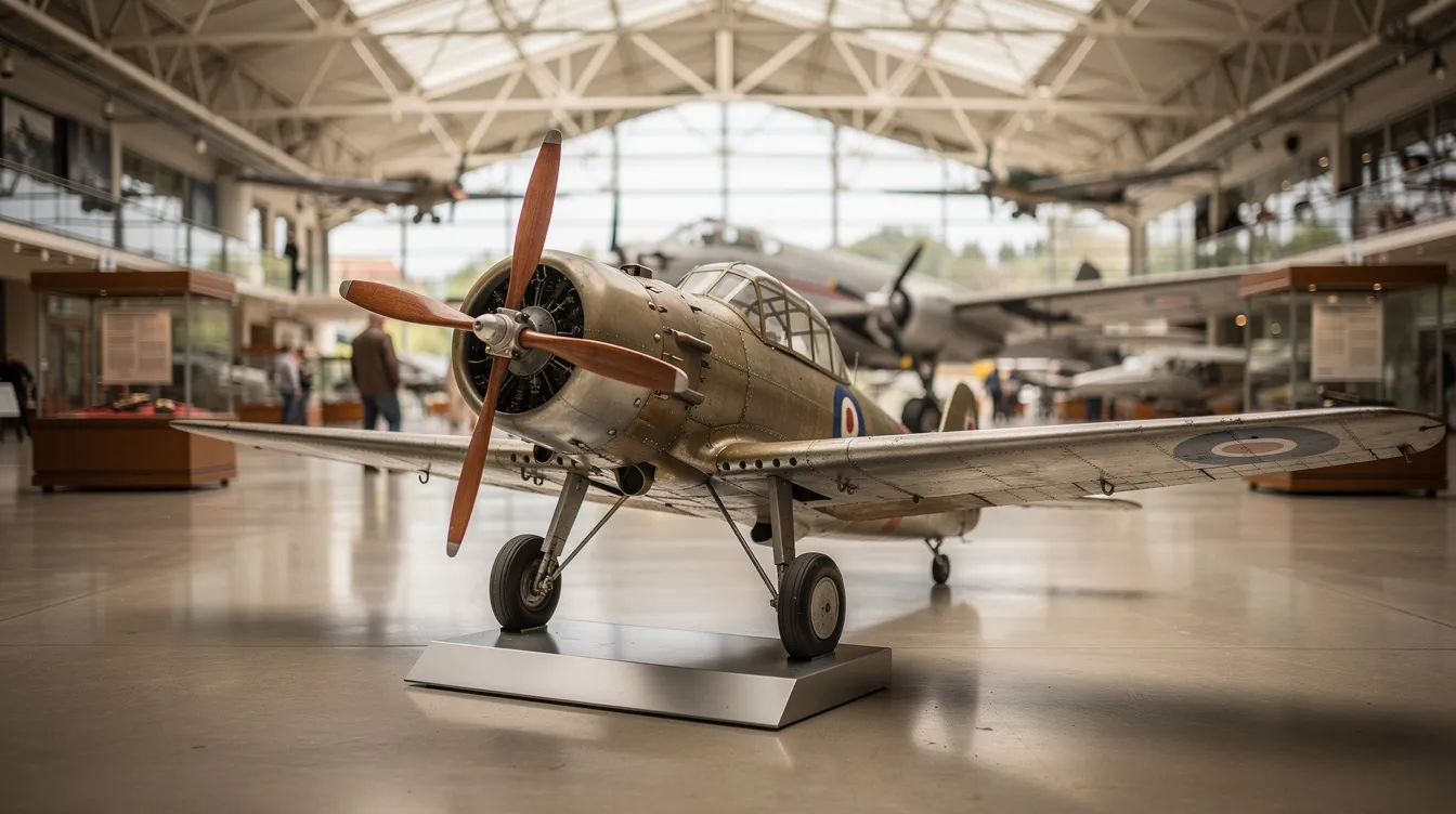 A vintage miniature airplane, resembling the world's smallest airplane, is showcased inside a spacious aviation museum filled with natural light and high ceilings, appealing to aviation enthusiasts. The display highlights the intricate details of this tiny aircraft, emphasizing its historical significance in the realm of personal aircraft and flight training.
