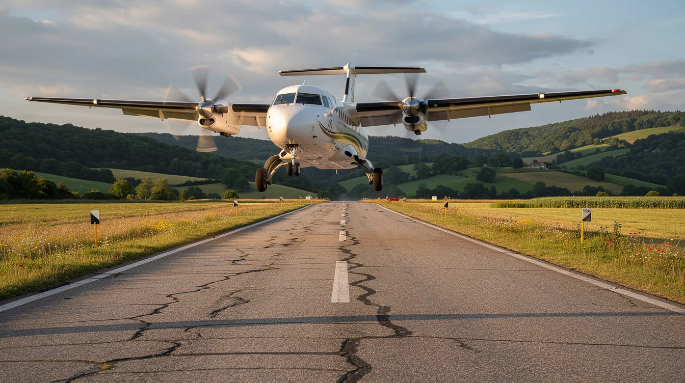 A small twin-engine turboprop cargo plane is landing on a short rural runway, surrounded by lush green hills, ready to carry its payload of items. The scene captures the flexibility and efficiency of smaller cargo aircraft in rural settings.
