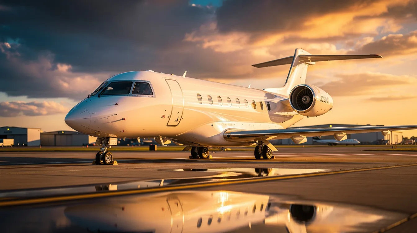 A sleek modern private jet is parked on a tarmac, bathed in the warm glow of golden hour, with a dramatic sky in the background. This aircraft represents the pinnacle of ultralight aviation, showcasing the freedom and excitement of flying.